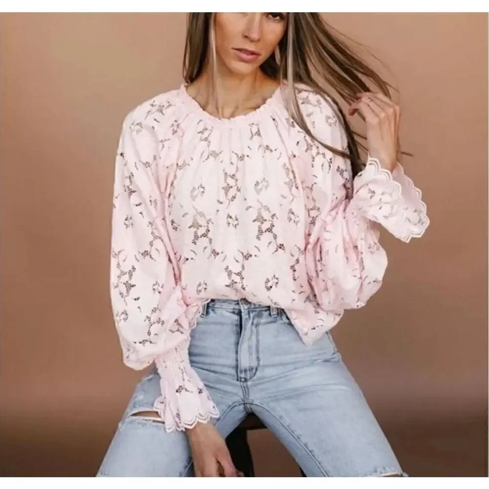 Free People Olivia Lace Top, Soft girl Pink, Dolman Sleeves bridgerton princess